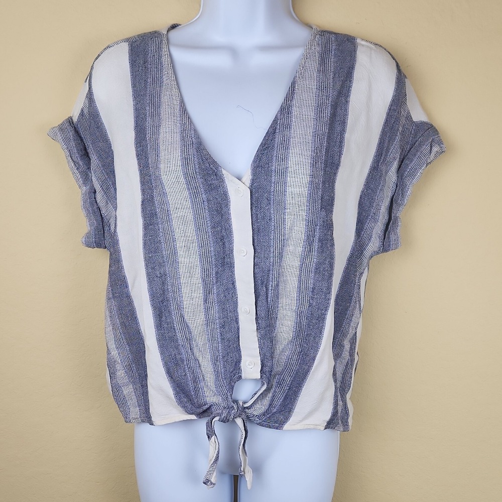 Cloth & Stone Womens Blue White Striped Linen Blend Tie Front Top S